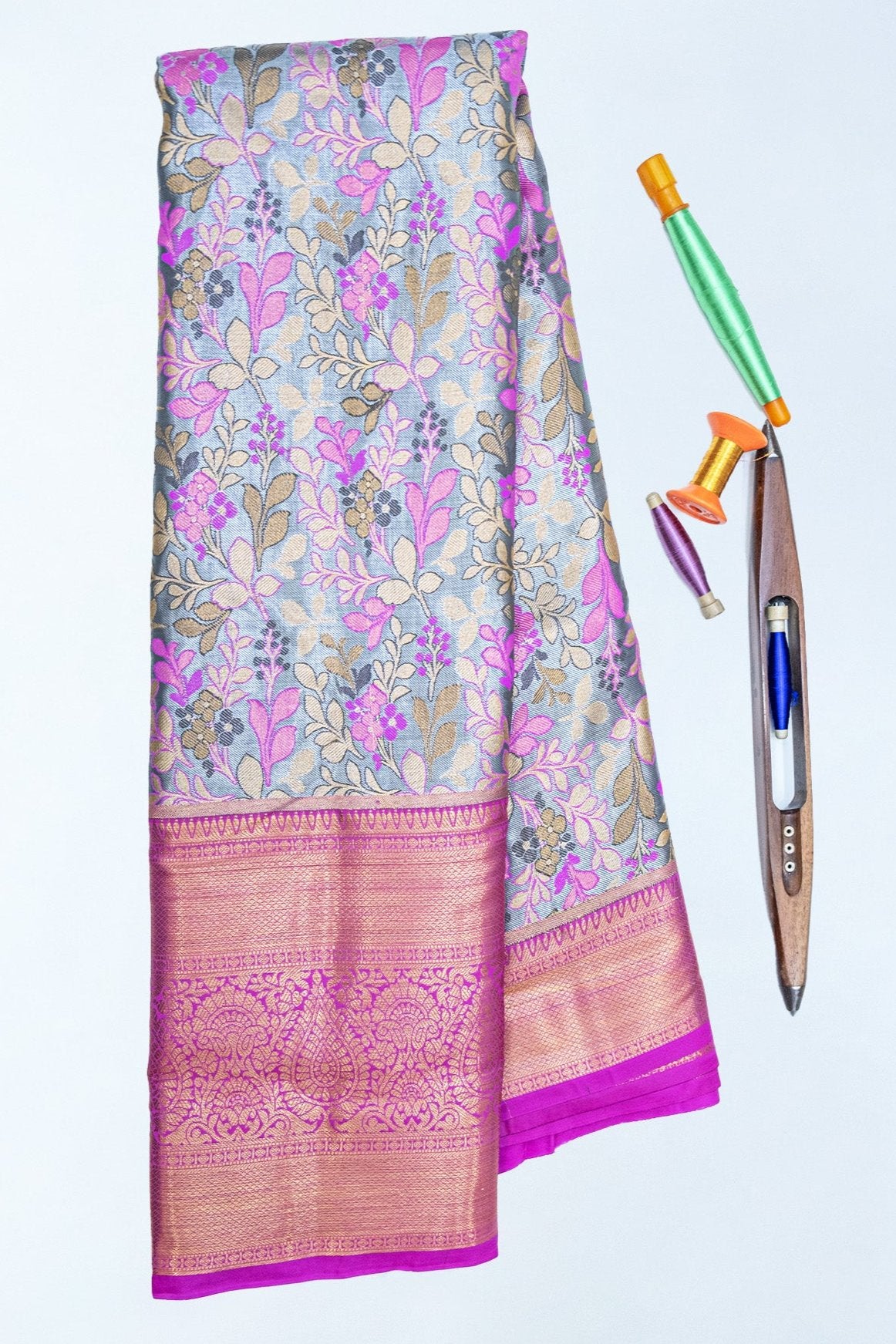 LIGHT GREY & PURPLE - DHARMAVARAM BROCADE SILVER TISSUE SILK SAREE