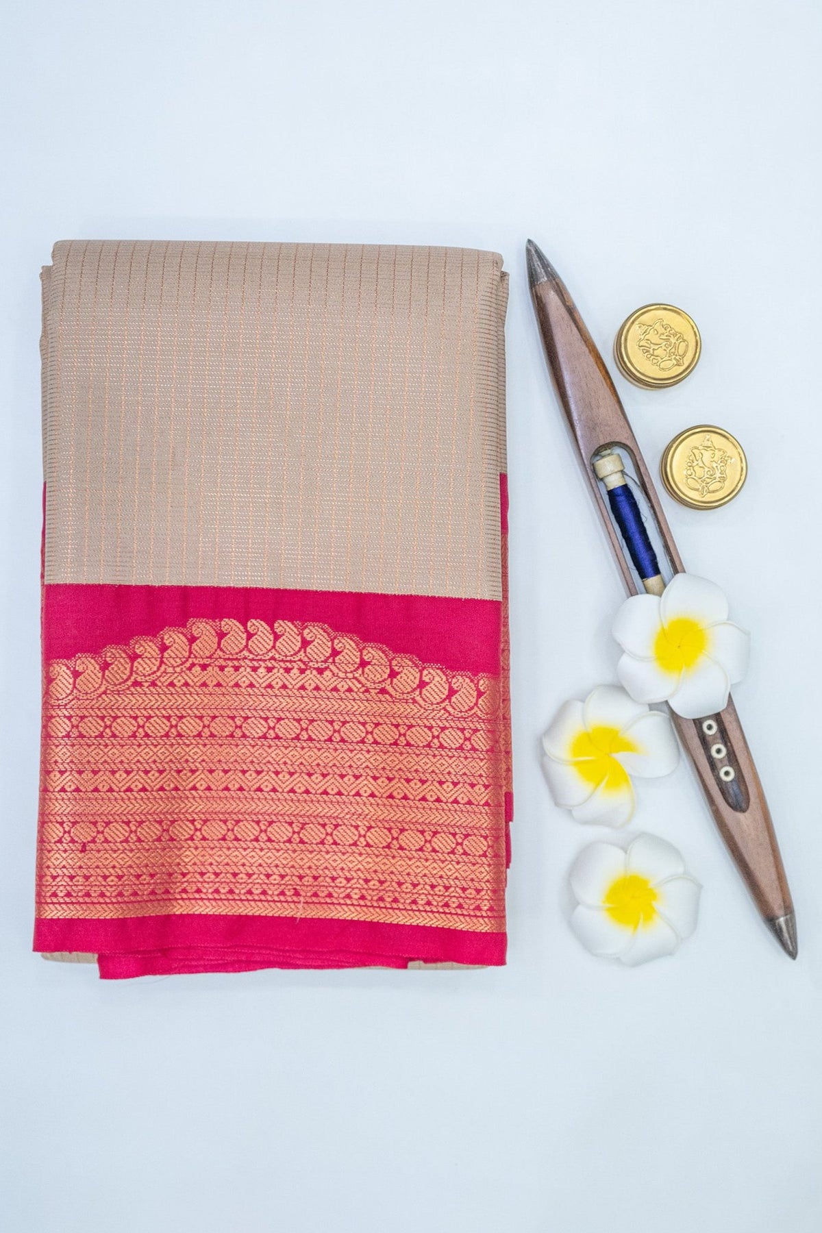 CREAM & PINK - KANCHIPURAM KORVAI SEMI SILK SAREE