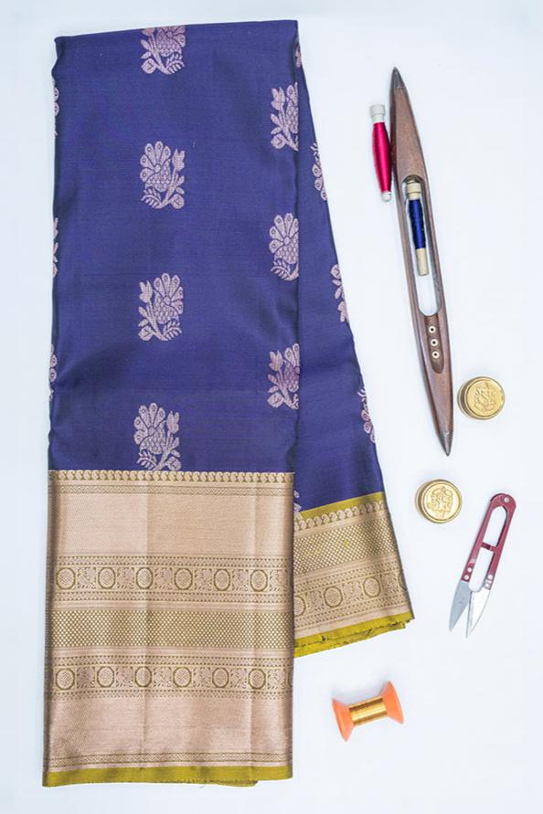 DARK SLATE BLUE & ARMY GREEN - UPPADA HANDLOOM HALF PURE SILK SAREE