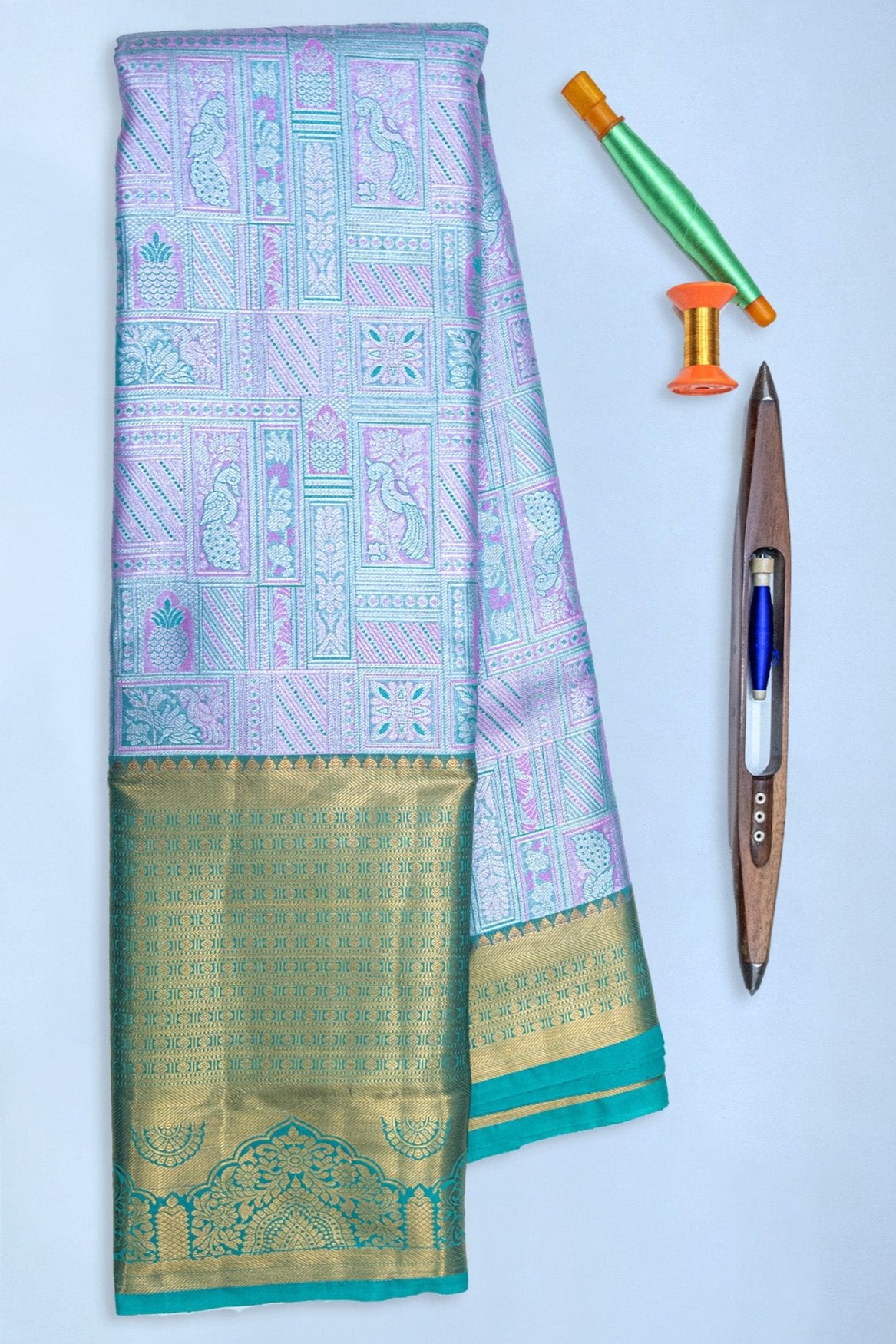 TEAL BLUE & PURPLE - DHARMAVARAM BROCADE SILVER TISSUE SILK SAREE