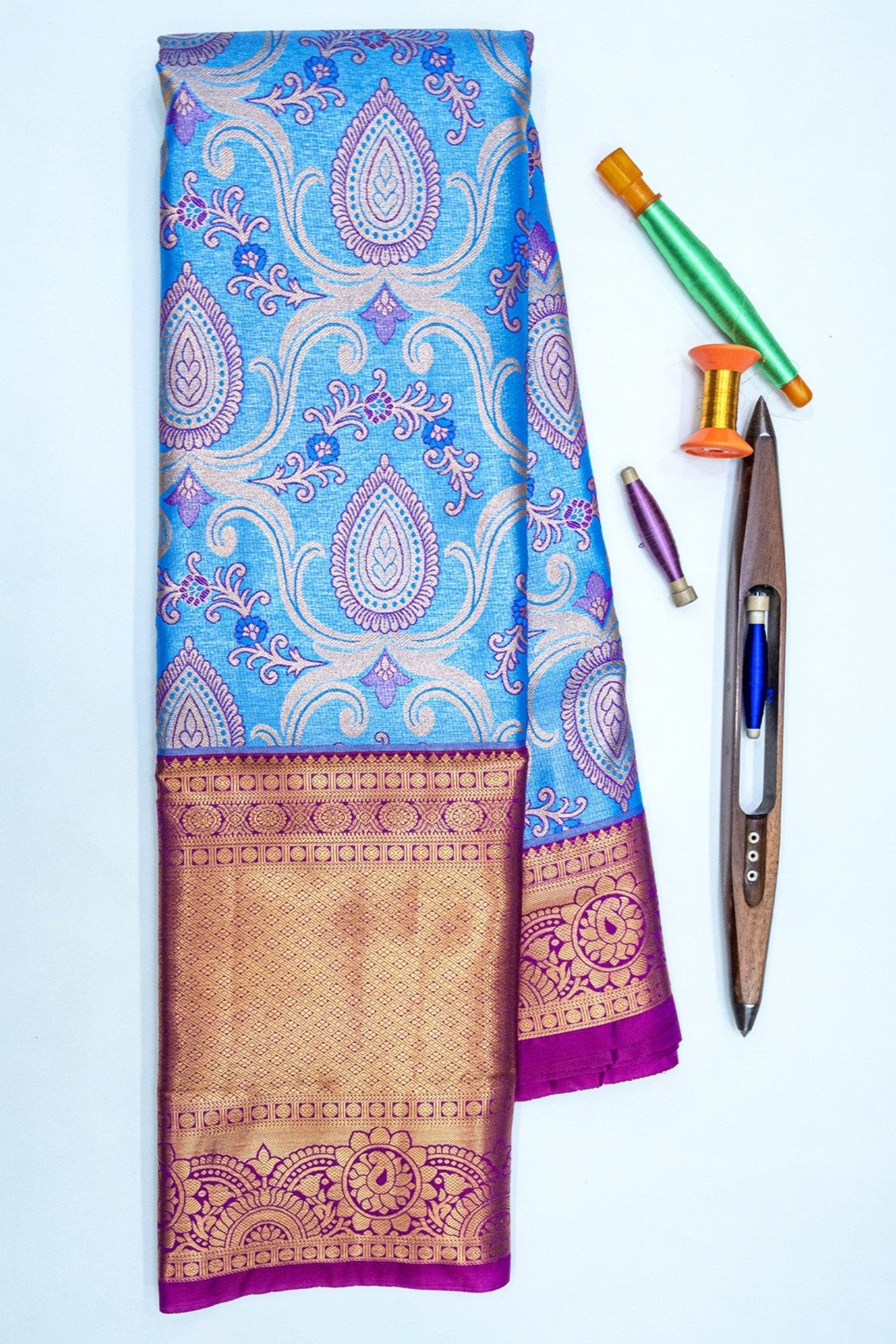 BLUE & PURPLE - DHARMAVARAM BROCADE SILVER TISSUE SILK SAREE