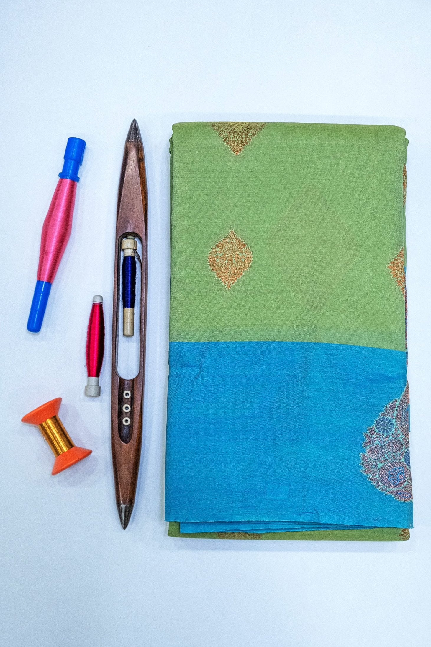 GREEN & STEAL BLUE - SOUTH CONTRAST BORDER SEMI SILK SAREE