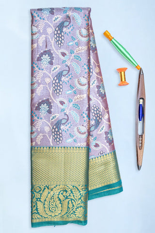 SKY BLUE & LIGHT WINE - DHARMAVARAM BROCADE SILVER TISSUE SILK SAREE