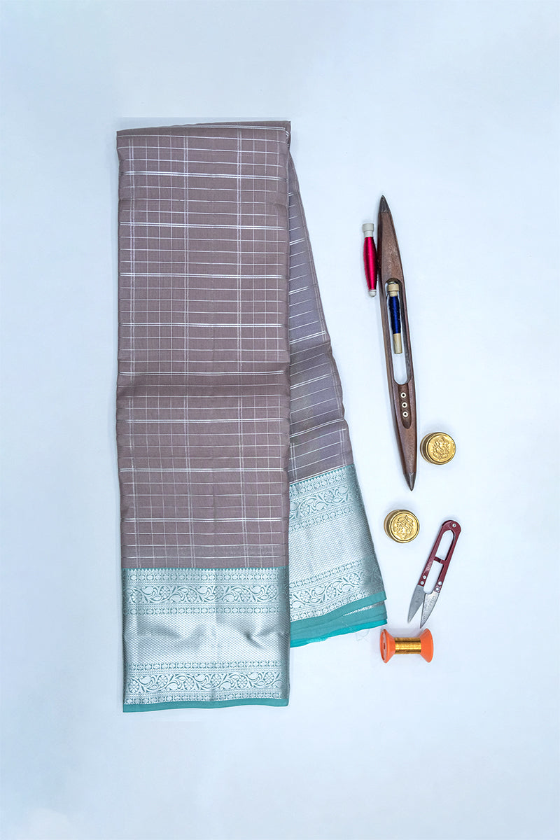 GREY & SKY BLUE -  DHARMAVARAM HANDLOOM PURE SILK SAREE