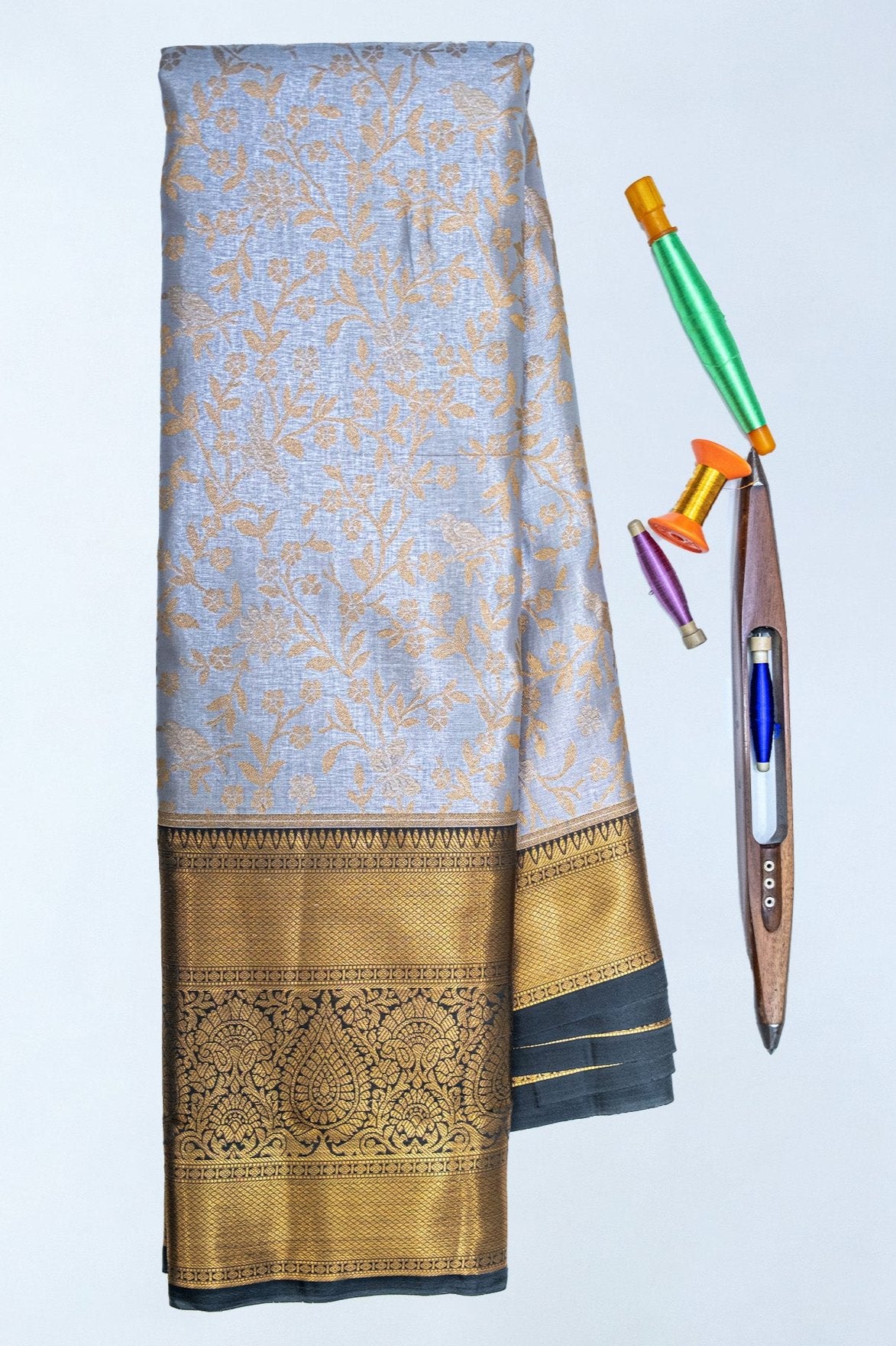 LAVENDER GREY & GOLD - DHARMAVARAM BROCADE SILVER TISSUE SILK SAREE