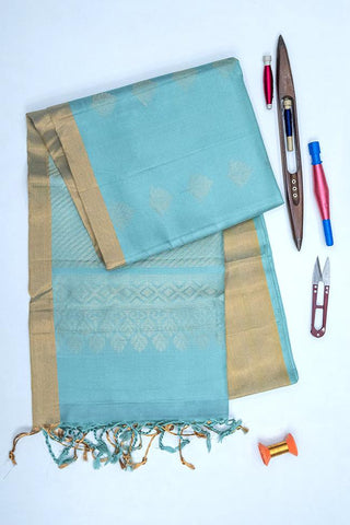 TEAL BLUE & GOLD - KANCHIPURAM HANDLOOM PURE SILK SAREE - SOFT & LIGHT WEIGHT