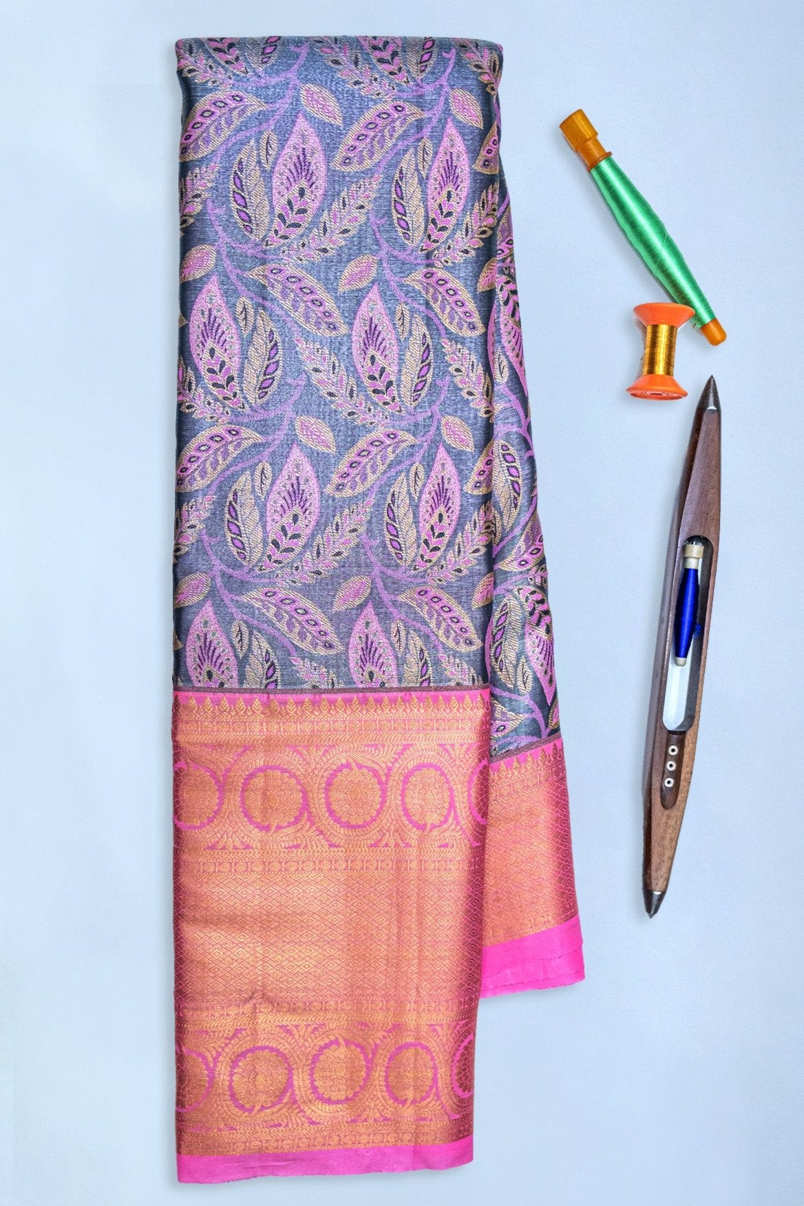 GREY & PINK - DHARMAVARAM BROCADE SILVER TISSUE SILK SAREE