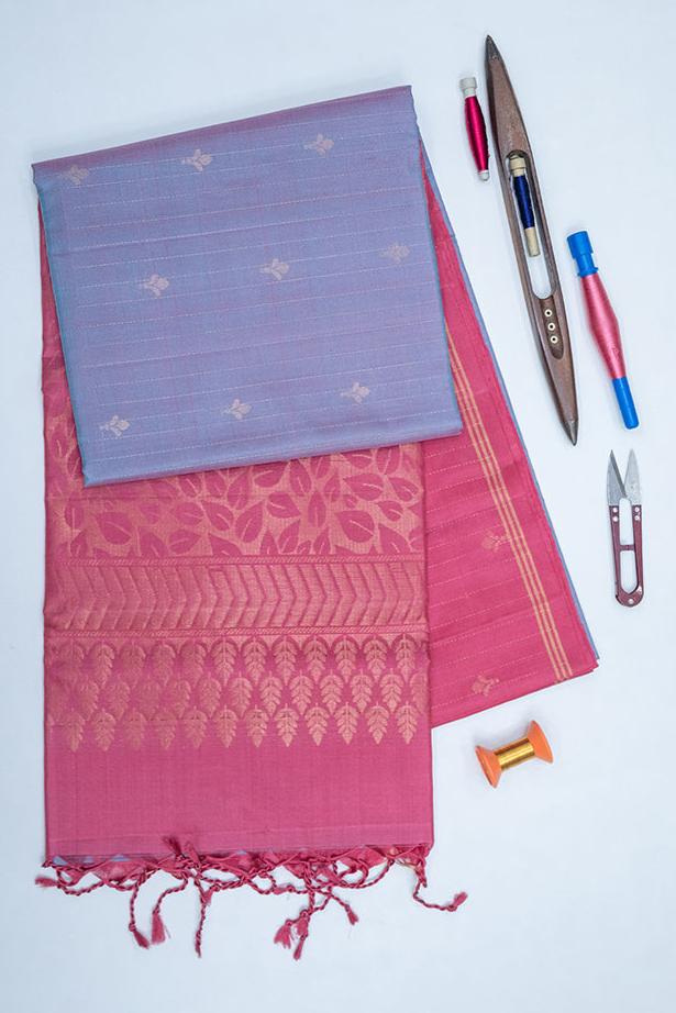 RICH MAROON & COOL GREY - KANCHIPURAM HANDLOOM PURE SILK SAREE - SOFT & LIGHT WEIGHT