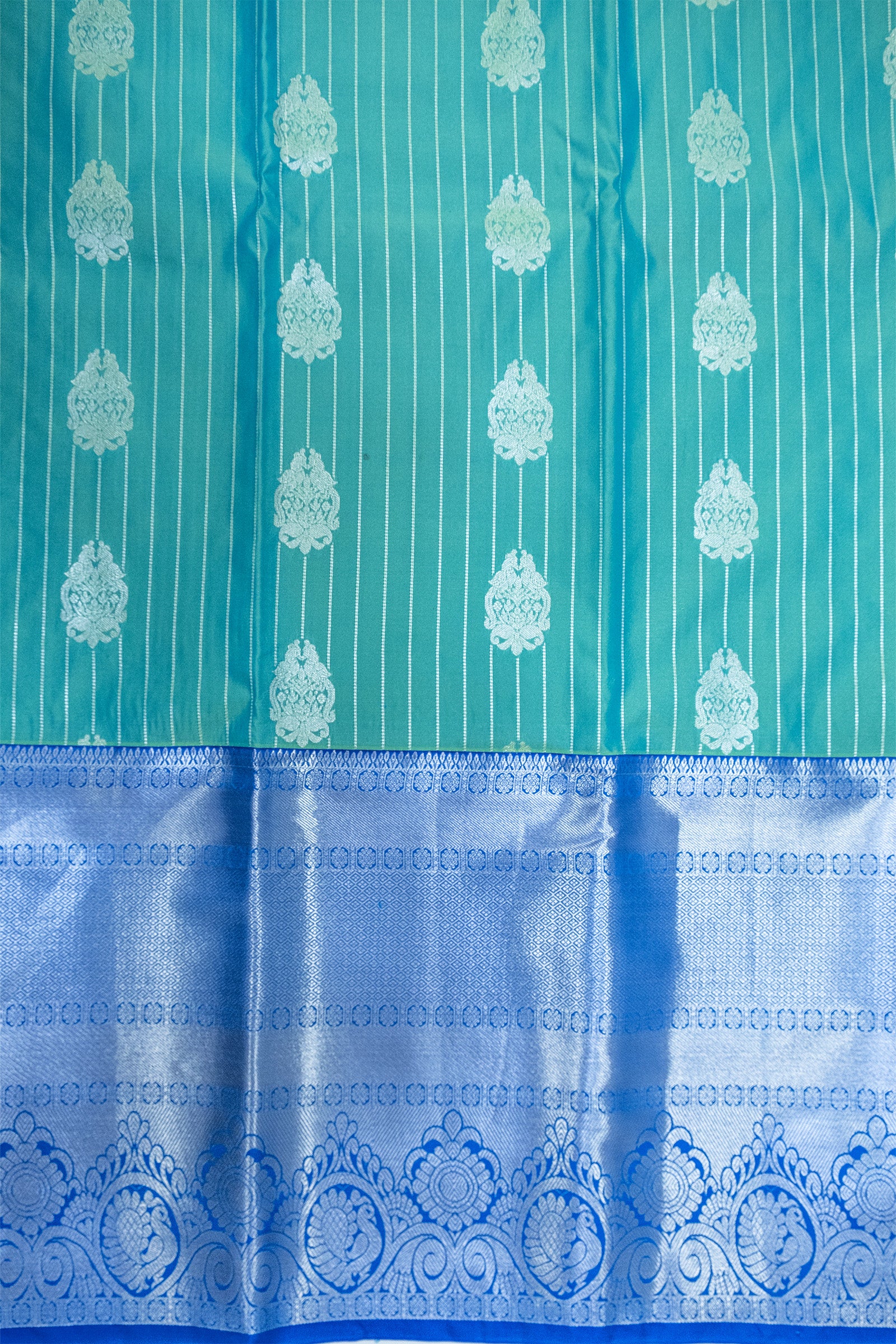 BLUE & GREEN - DHARMAVARAM SEMI SILK SAREE - BIG BORDER & MOTIFS