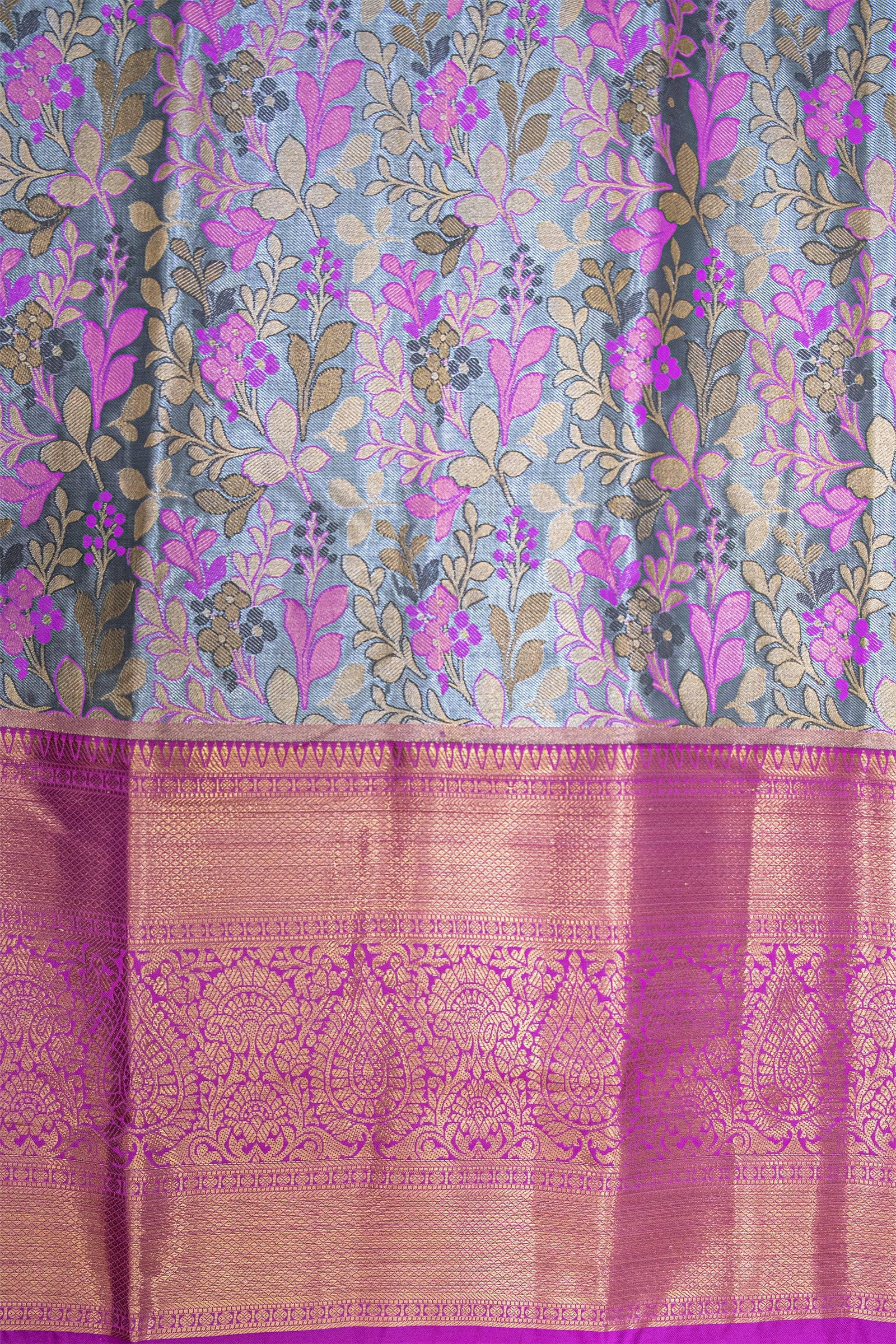 LIGHT GREY & PURPLE - DHARMAVARAM BROCADE SILVER TISSUE SILK SAREE