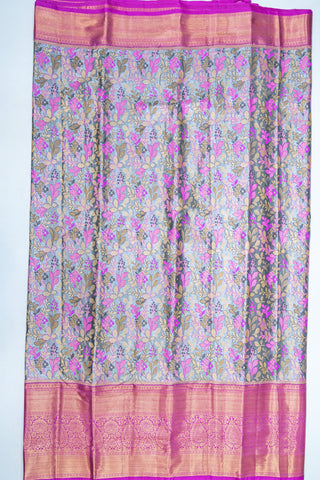 LIGHT GREY & PURPLE - DHARMAVARAM BROCADE SILVER TISSUE SILK SAREE