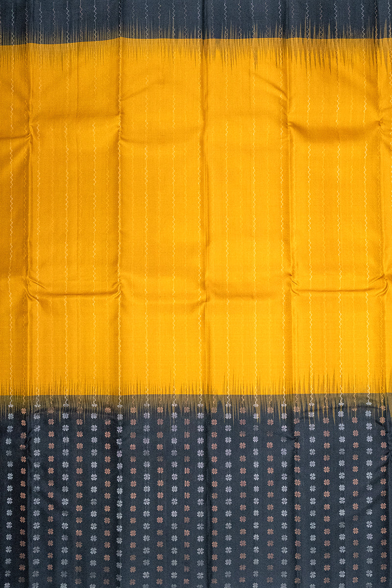 YELLOW & GREY - HARVEST GLOD & CHARCOAL - KANCHIPURAM HANDLOOM PURE SILK SAREE