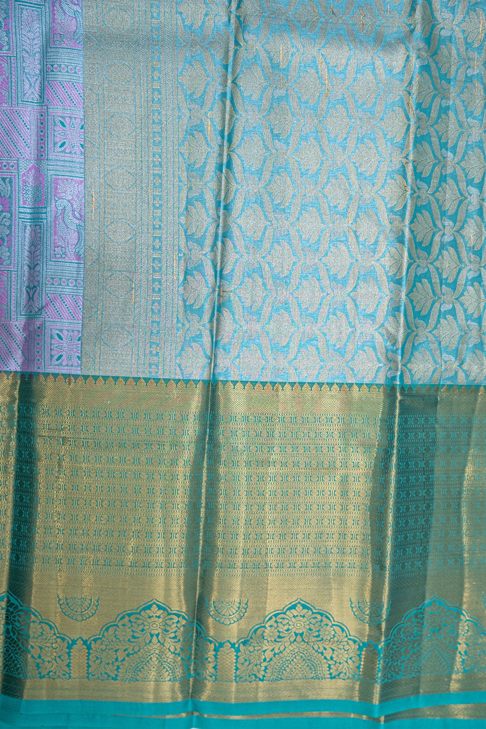 TEAL BLUE & PURPLE - DHARMAVARAM BROCADE SILVER TISSUE SILK SAREE