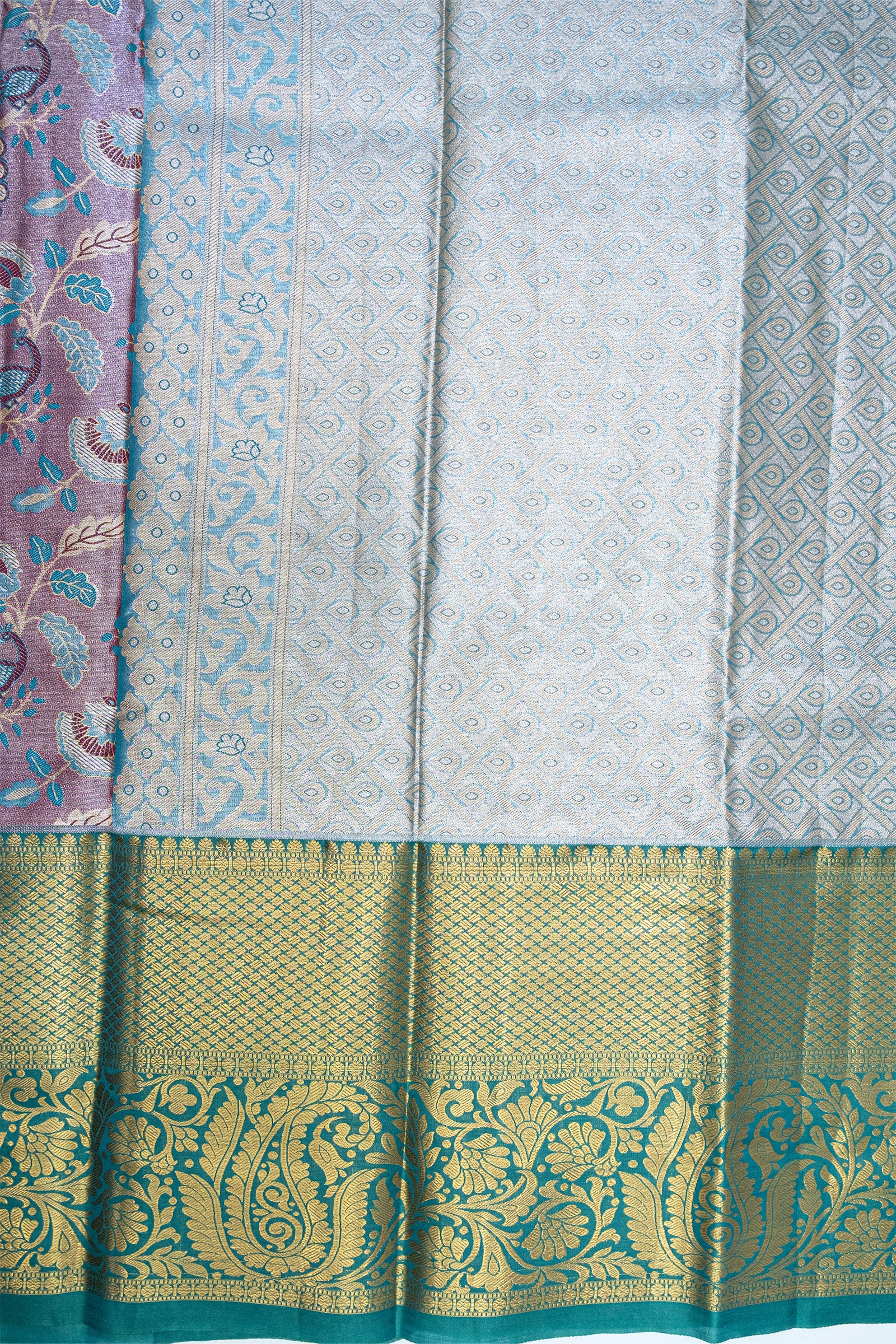 SKY BLUE & LIGHT WINE - DHARMAVARAM BROCADE SILVER TISSUE SILK SAREE