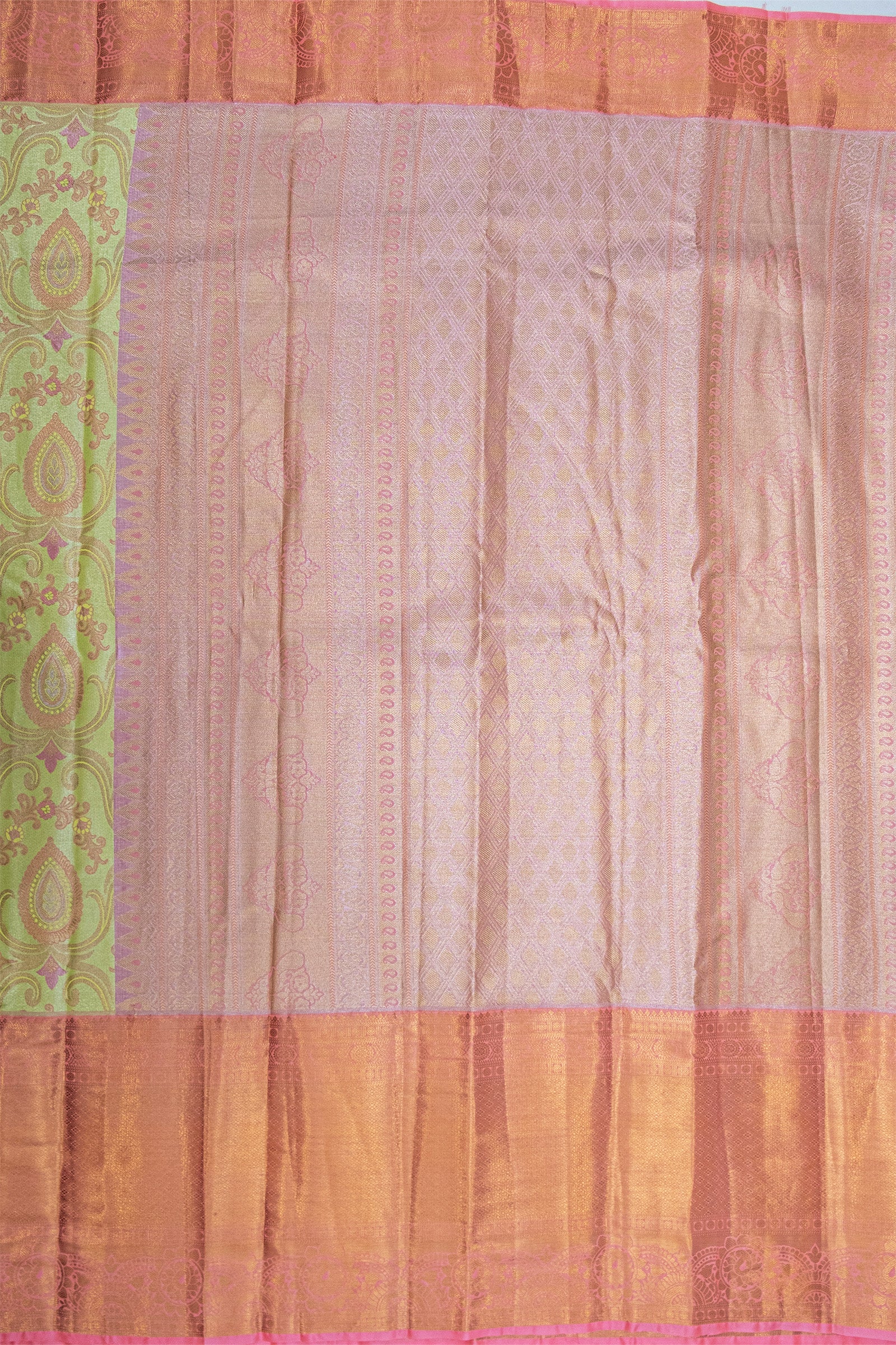 CGREEN & ORANGE - DHARMAVARAM BROCADE SILVER TISSUE SILK SAREE