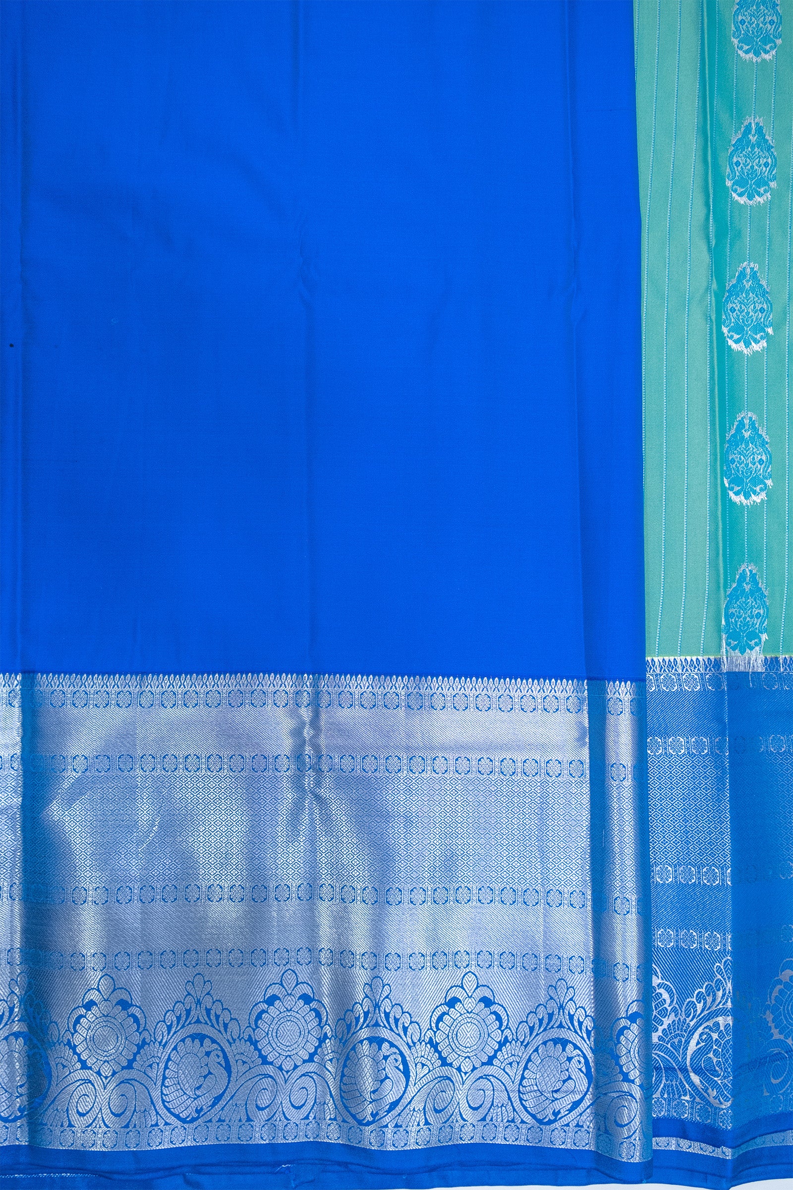 BLUE & GREEN - DHARMAVARAM SEMI SILK SAREE - BIG BORDER & MOTIFS