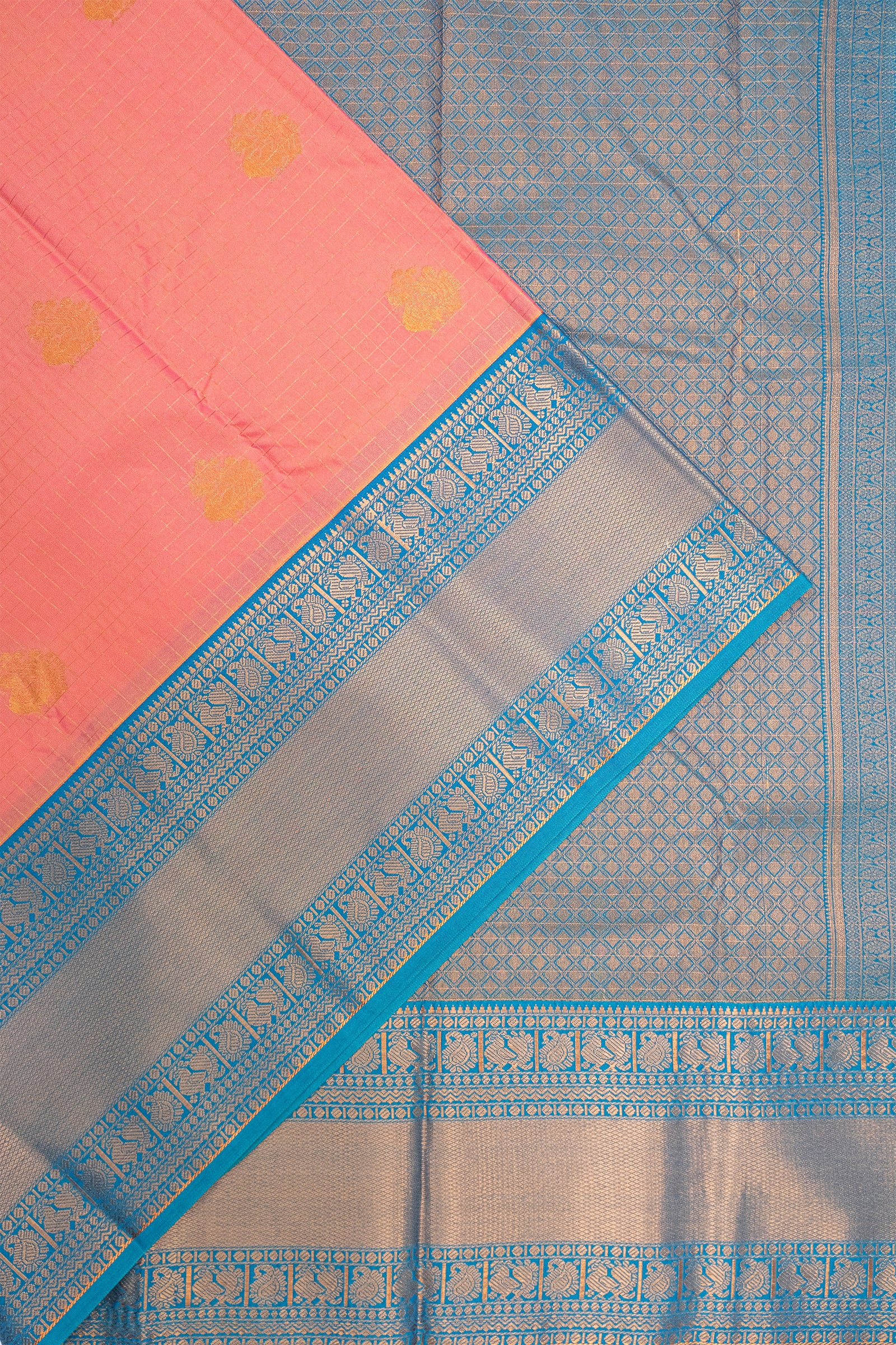 SALMON & BLUE - KANCHIPURAM KORVAI SEMI SILK SAREE