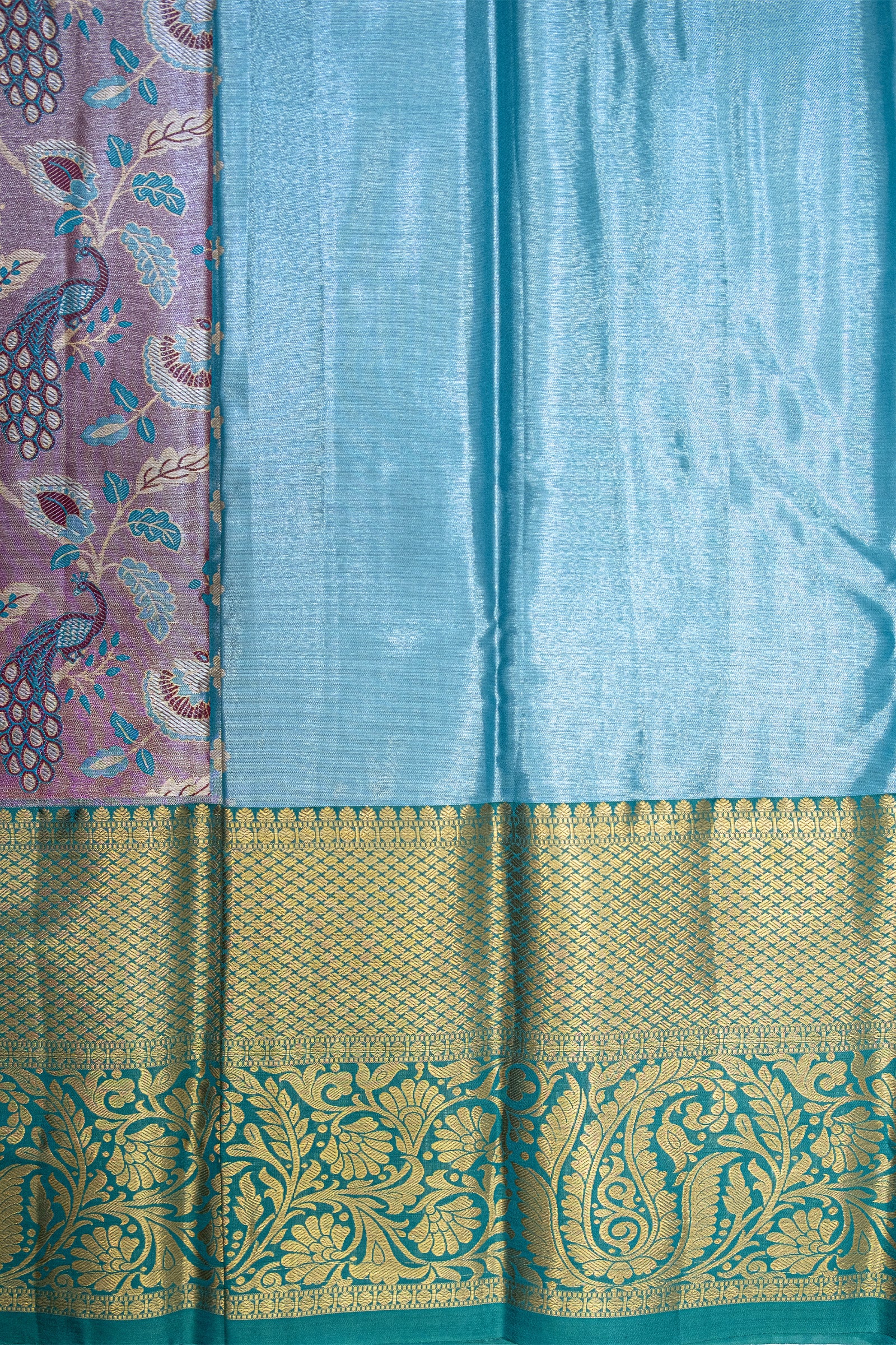 SKY BLUE & LIGHT WINE - DHARMAVARAM BROCADE SILVER TISSUE SILK SAREE