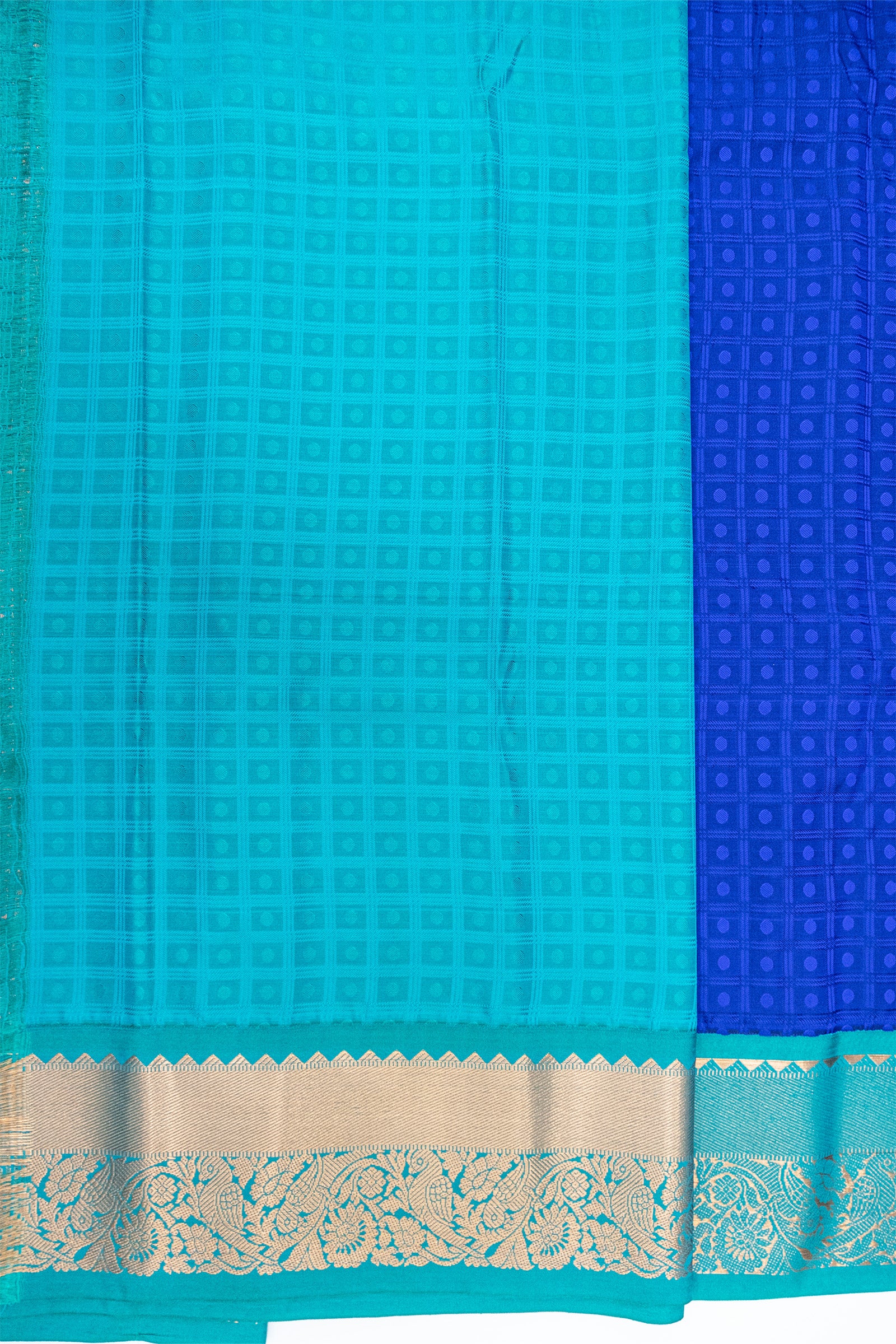 ROYAL BLUE & TEAL GREEN - KANCHIPURAM KORVAI SEMI SILK SAREE