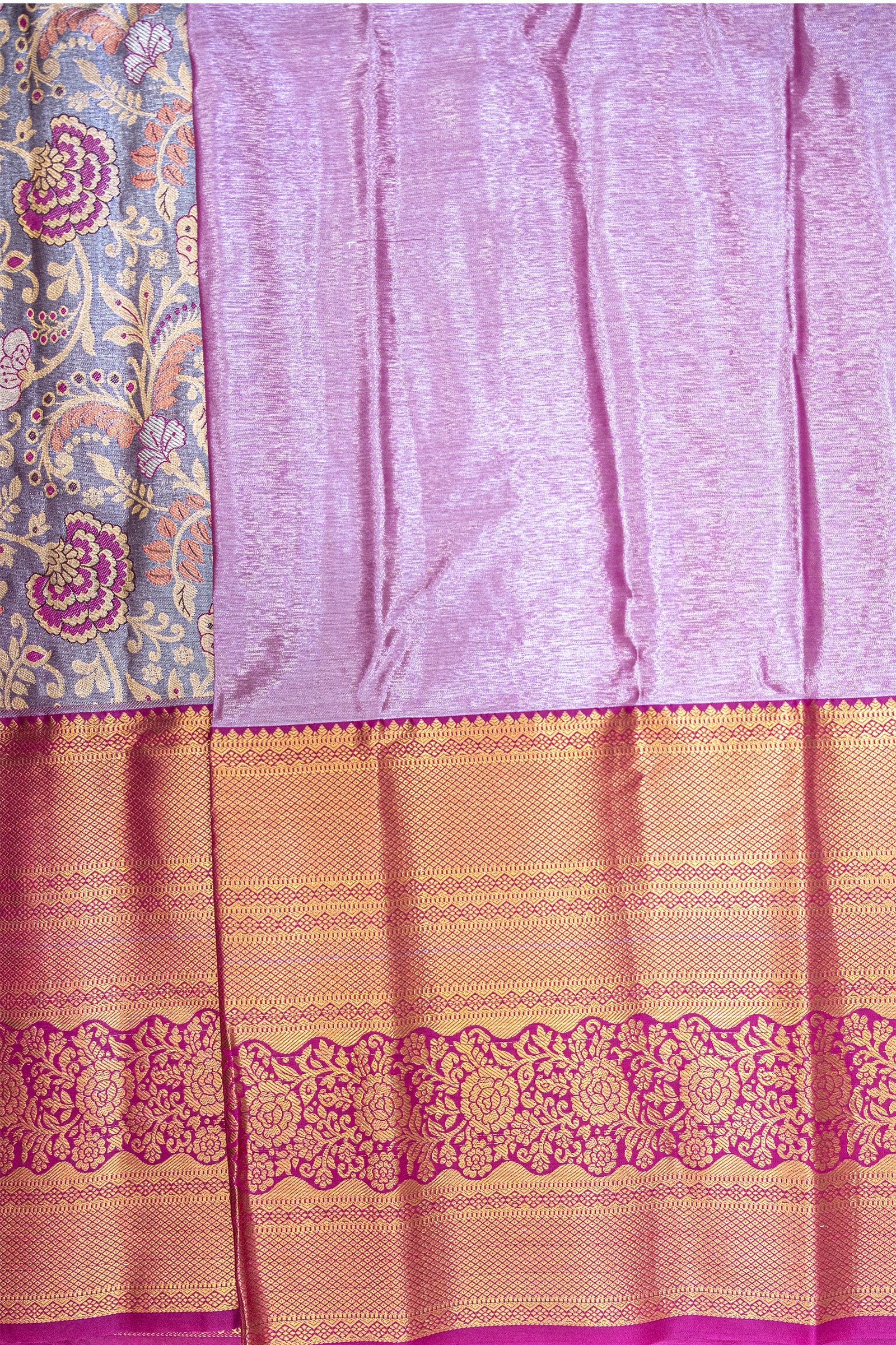 GREY & PINK - DHARMAVARAM BROCADE SILVER TISSUE SILK SAREE