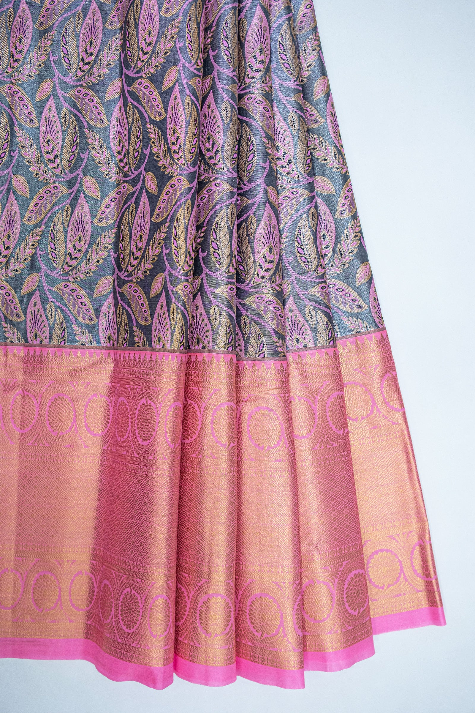 GREY & PINK - DHARMAVARAM BROCADE SILVER TISSUE SILK SAREE