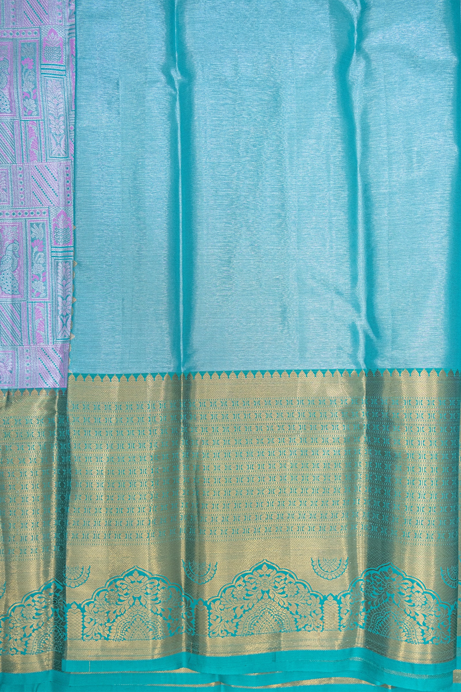 TEAL BLUE & PURPLE - DHARMAVARAM BROCADE SILVER TISSUE SILK SAREE