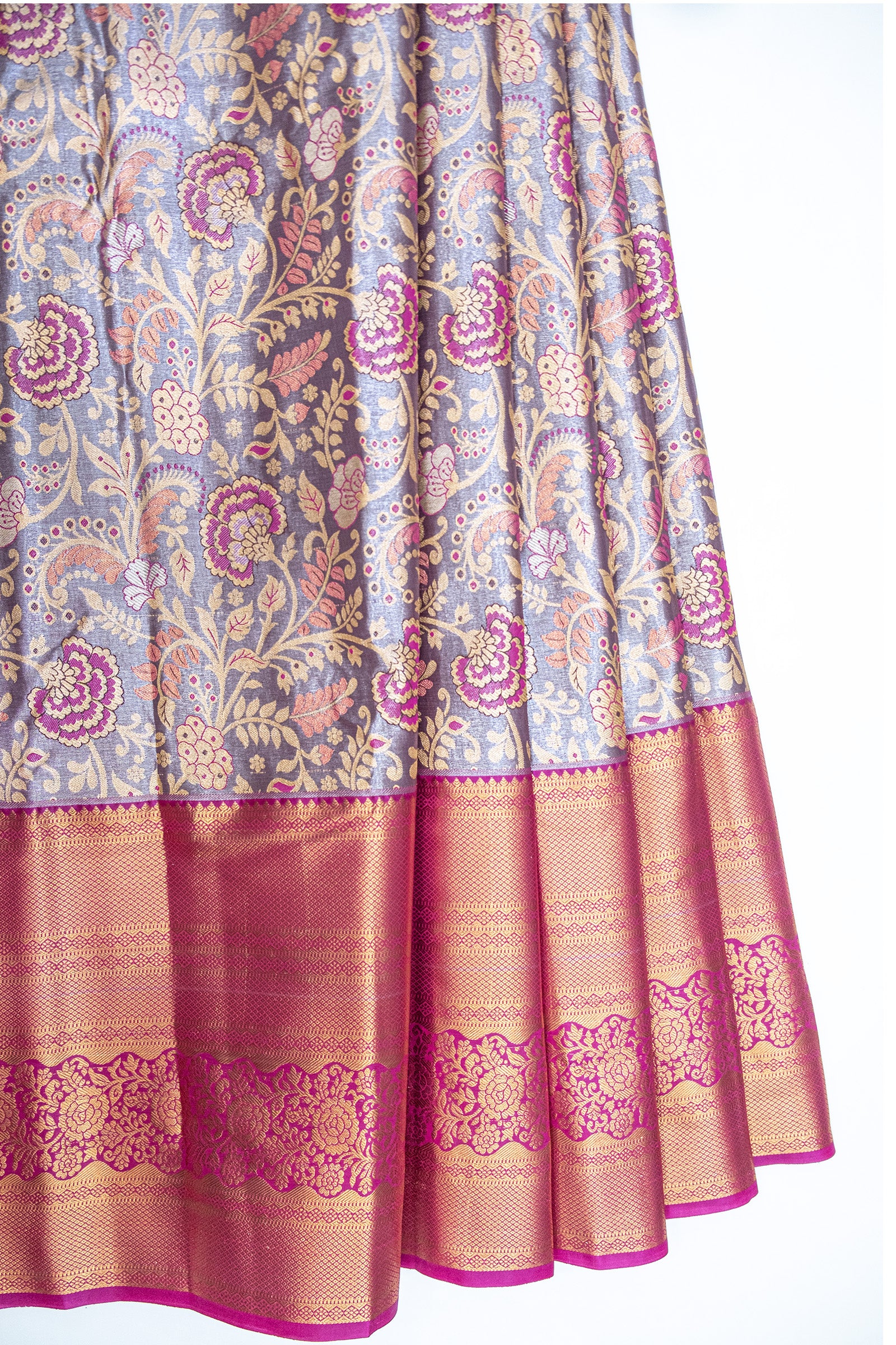 GREY & PINK - DHARMAVARAM BROCADE SILVER TISSUE SILK SAREE