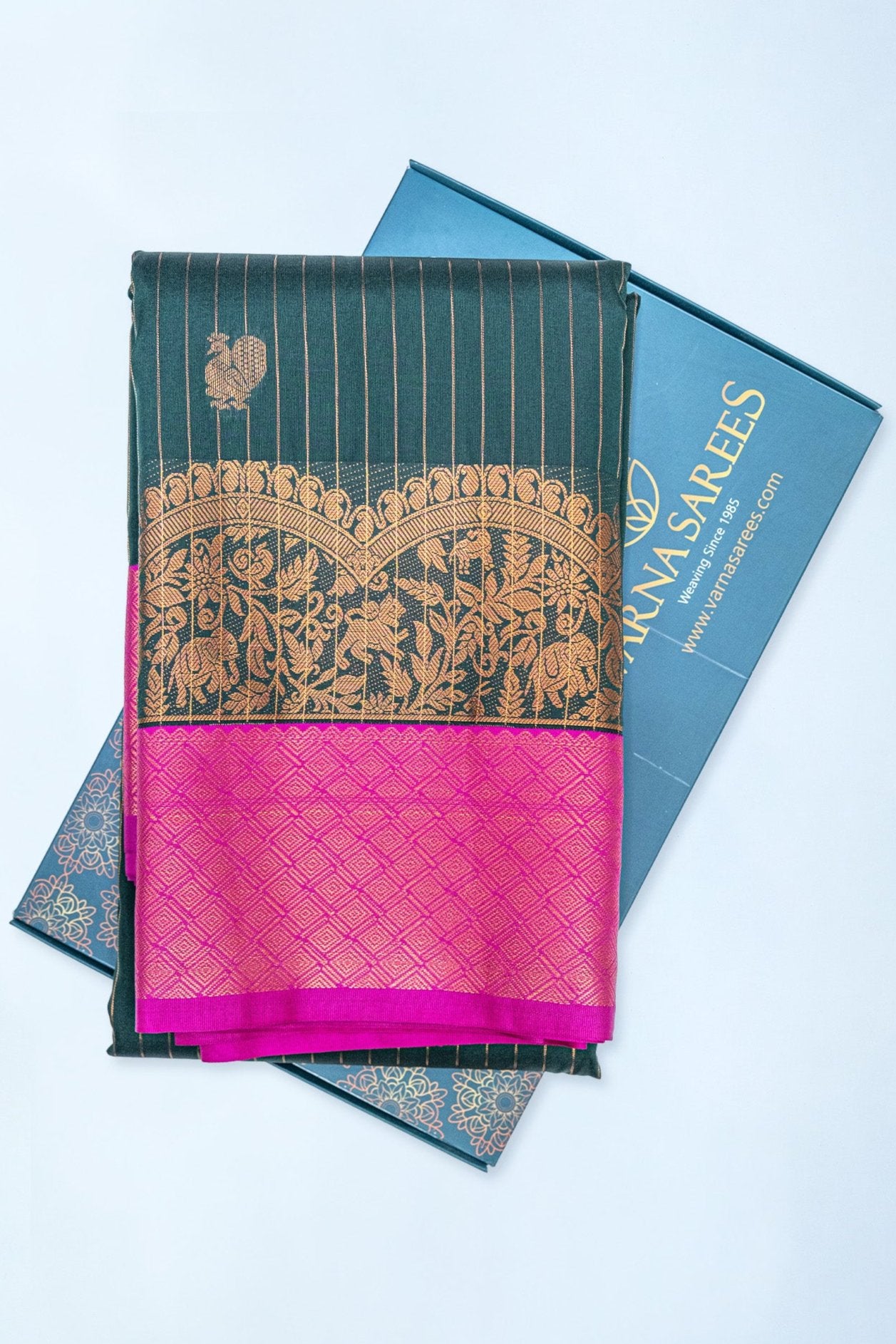 DARK SLATE GREY & PINK - SEMI KANCHIPURAM SILK SAREE