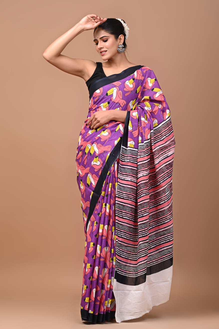 BAGRU MULMUL SOFT COTTON SAREE - TOUCAN BIRD