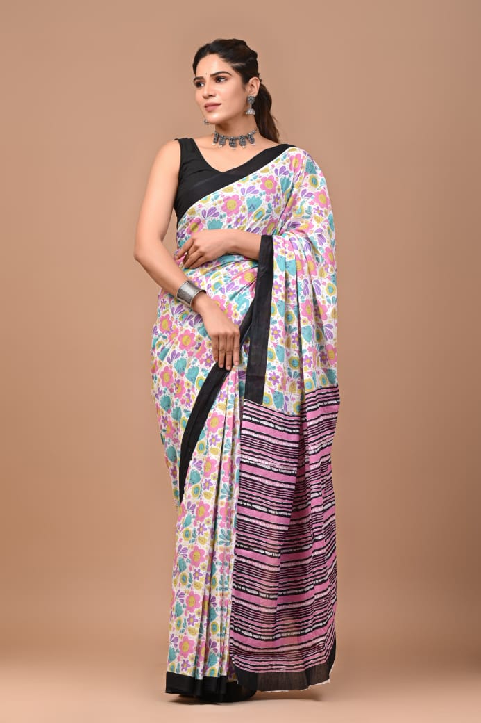 BAGRU MULMUL SOFT COTTON SAREE - FLOWERS