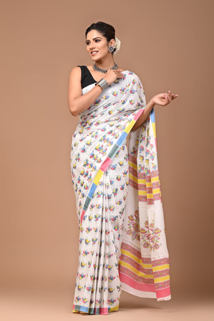 BAGRU MULMUL SOFT COTTON SAREE - SMALL BIRDS