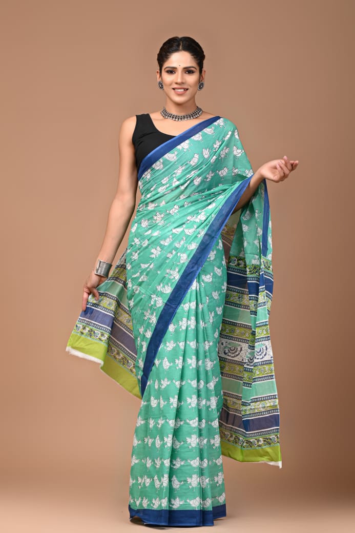 BAGRU MULMUL SOFT COTTON SAREE - SMALL BIRDS