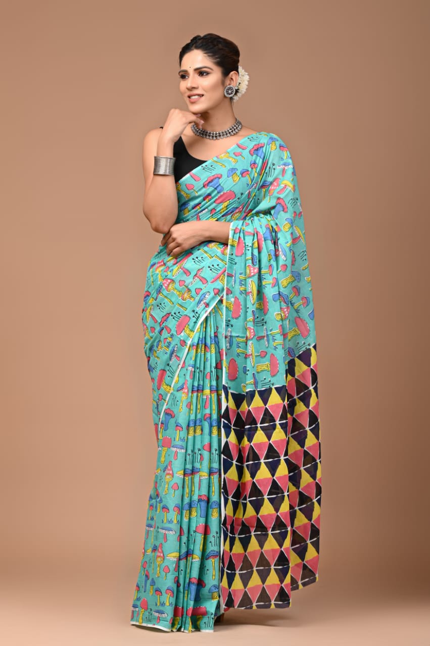 BAGRU MULMUL SOFT COTTON SAREE - MUSHROOMS