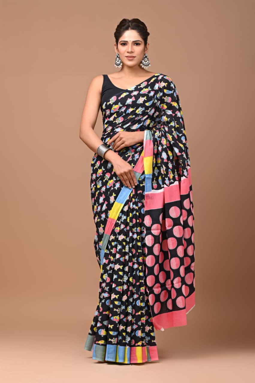 BAGRU MULMUL SOFT COTTON SAREE - FISHES