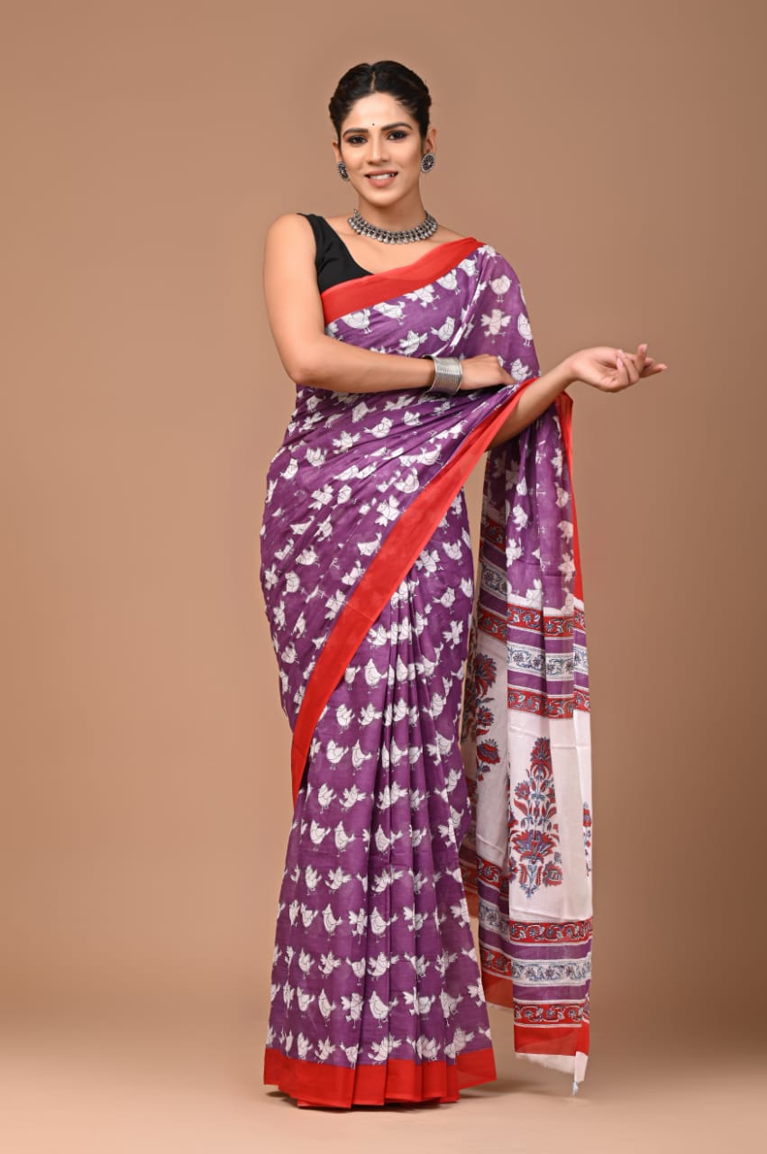 BAGRU MULMUL SOFT COTTON SAREE - SMALL BIRDS