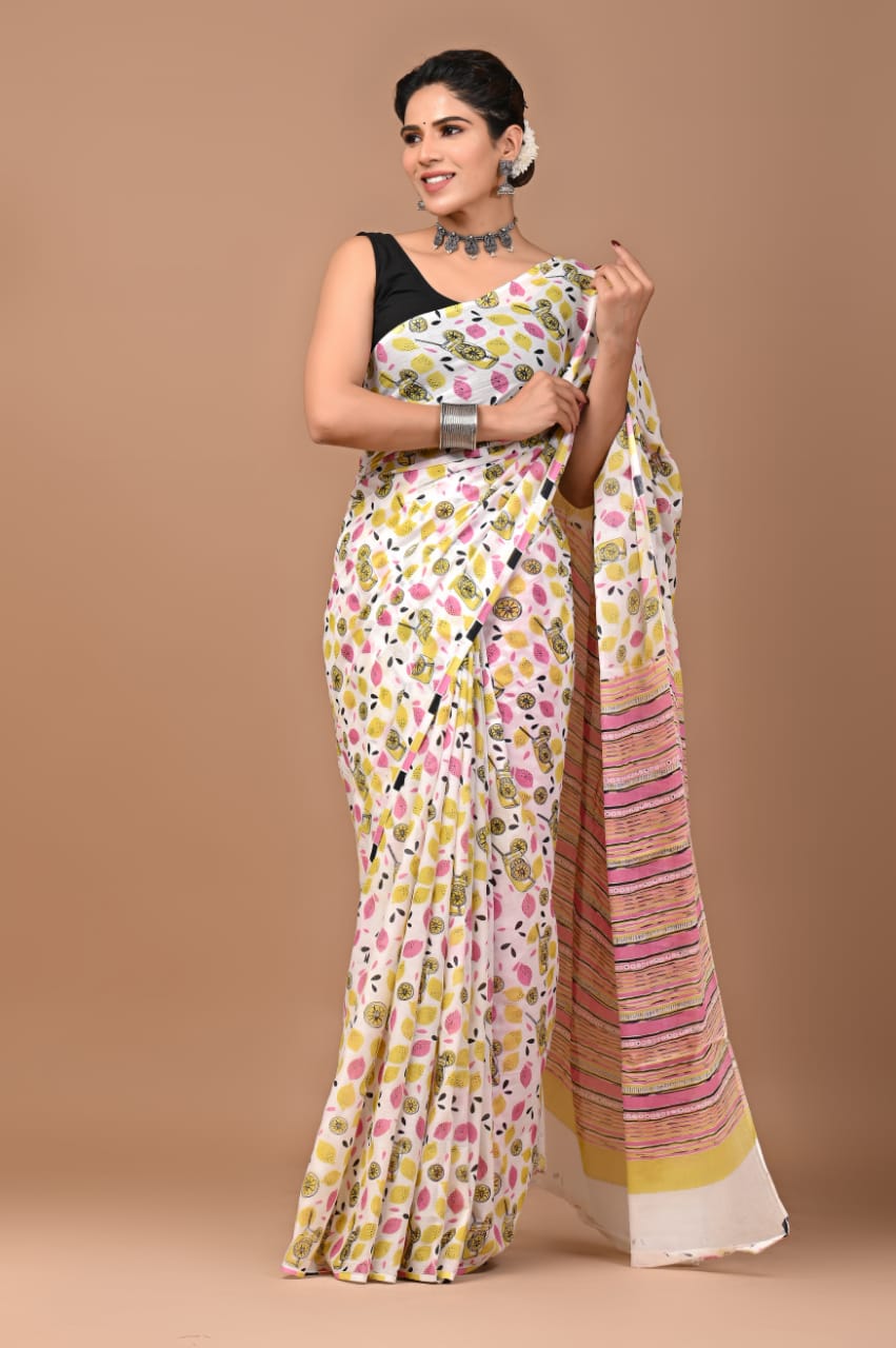 BAGRU MULMUL SOFT COTTON SAREE - LEMONADE