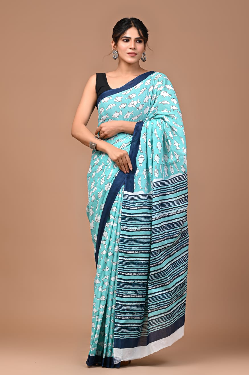 BAGRU MULMUL SOFT COTTON SAREE - FISHES