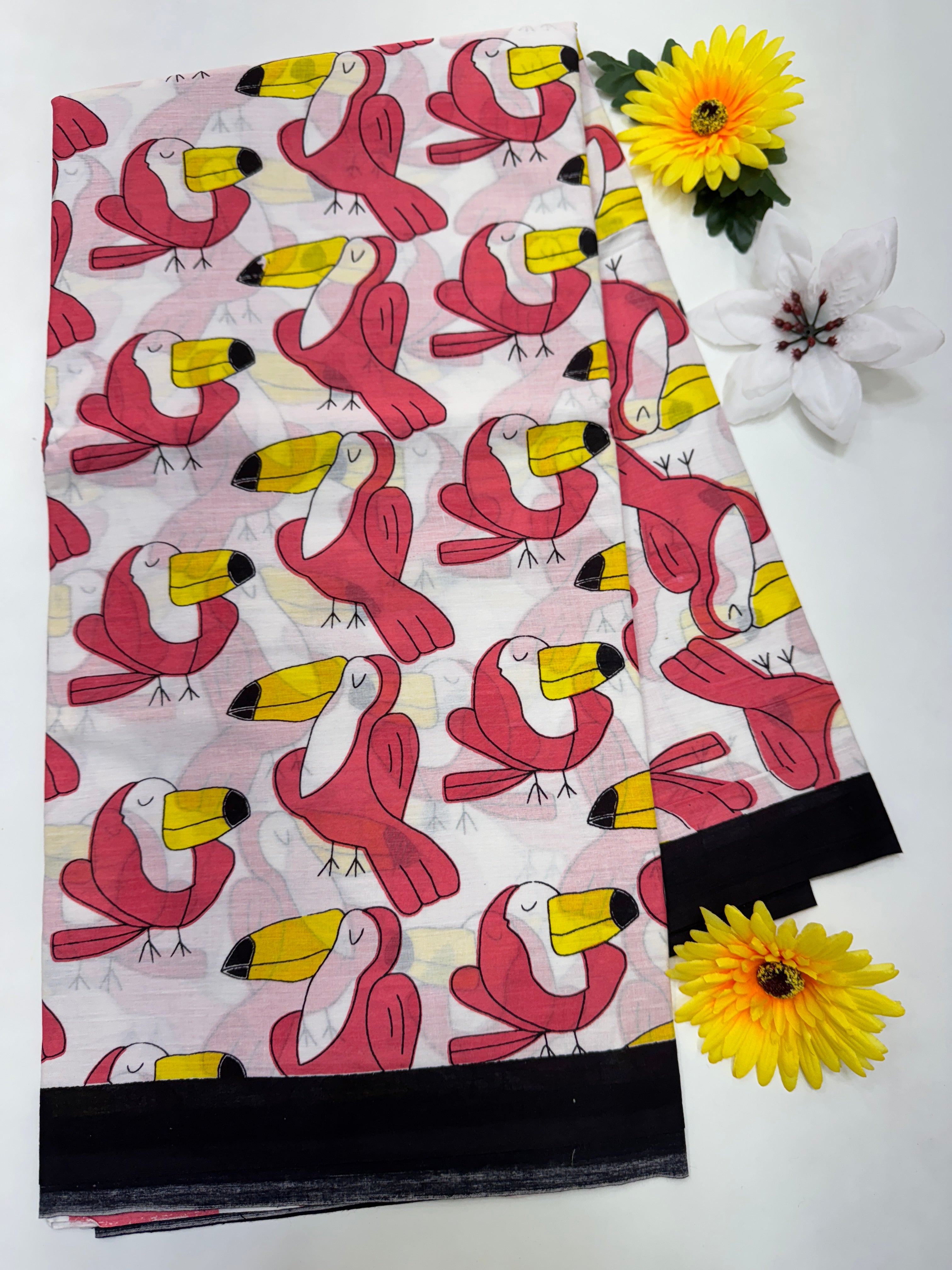 BAGRU MULMUL SOFT COTTON SAREE - TOUCAN BIRD