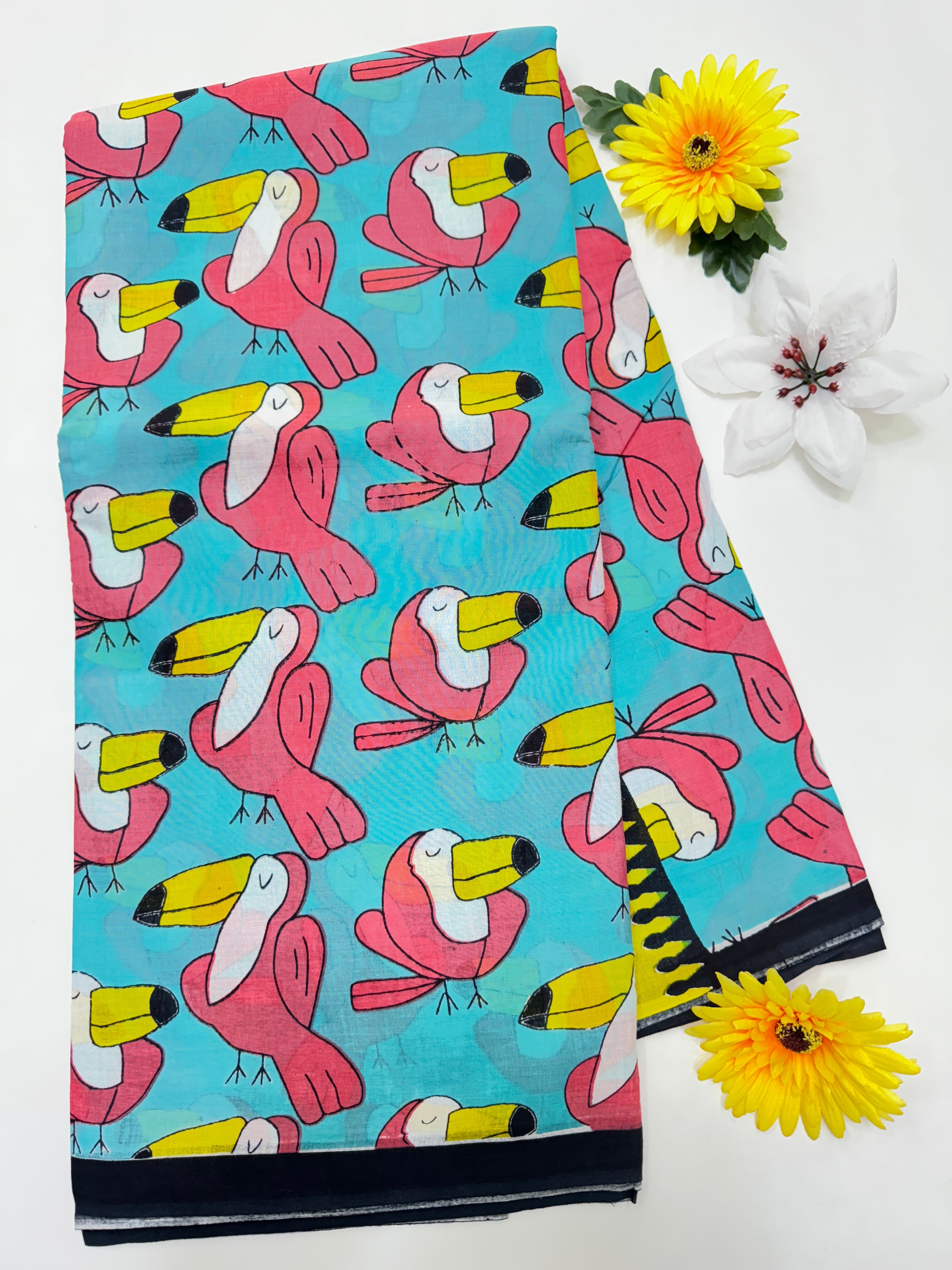 BAGRU MULMUL SOFT COTTON SAREE - TOUCAN BIRD