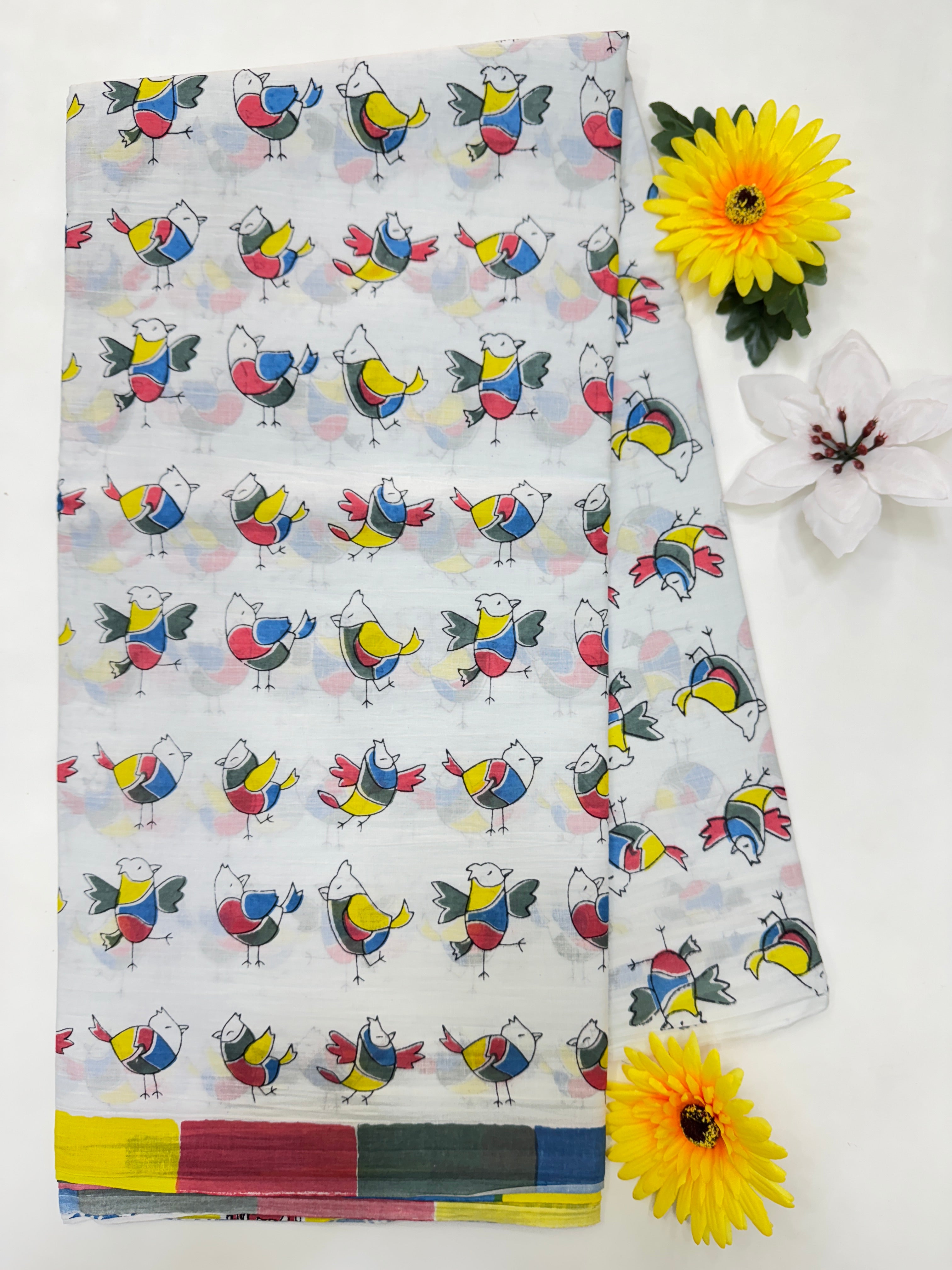 BAGRU MULMUL SOFT COTTON SAREE - SMALL BIRDS