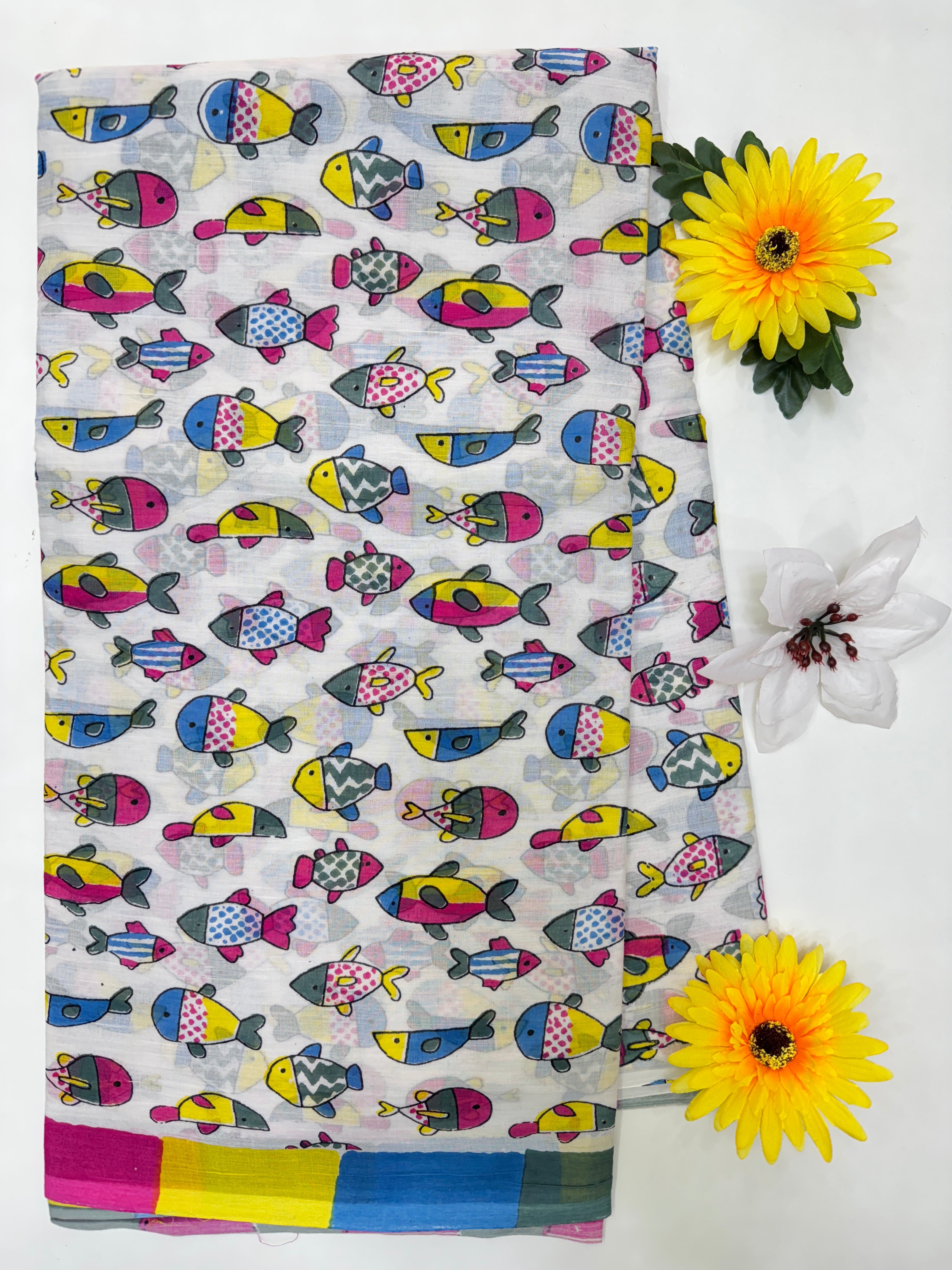 BAGRU MULMUL SOFT COTTON SAREE - FISHES