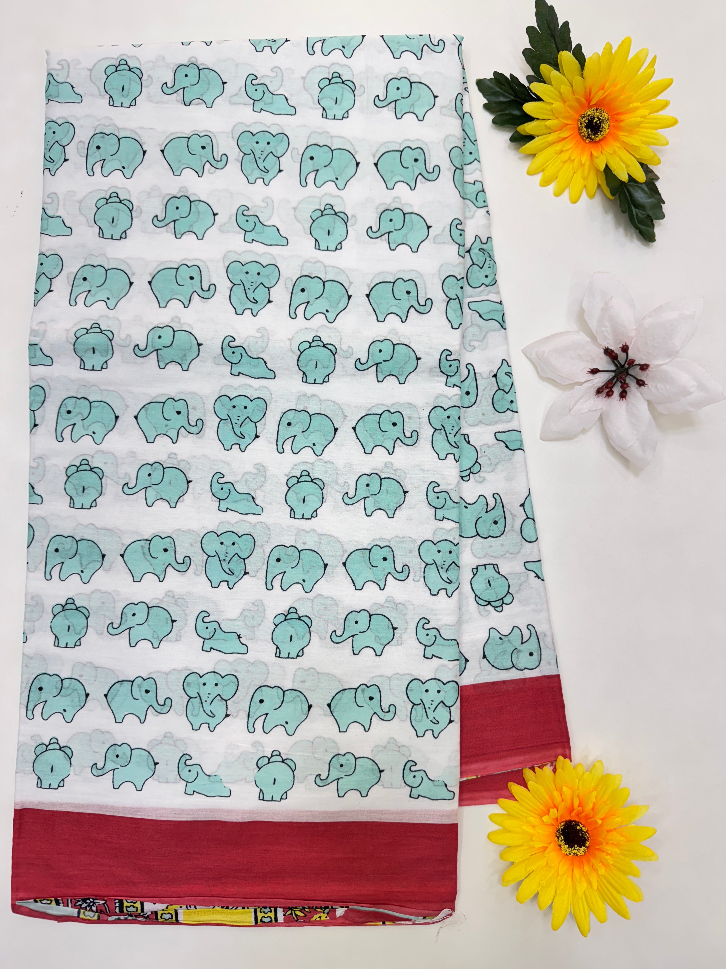 BAGRU MULMUL SOFT COTTON SAREE - ELEPHANTS